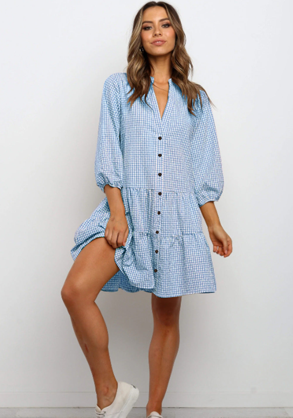 Plaid Printed Ruffle Dress V Neck Button Three-quarter Sleeves Dresses For Women Clothing