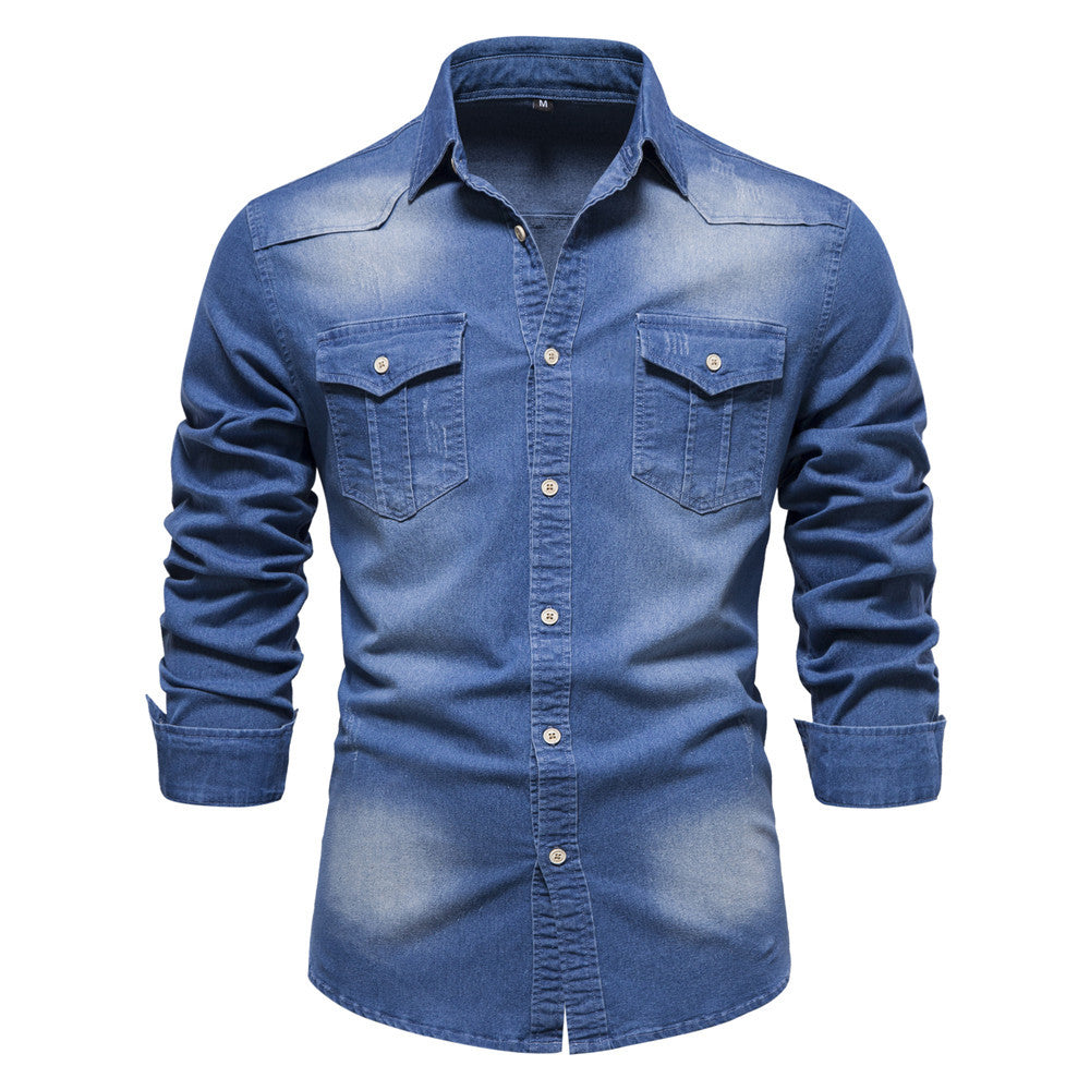 Men's Long-sleeved Denim Shirt Casual Solid Button Slim Tops Clothing